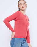 Madame Solid Coral Button Down  Crew Neck Cardigan