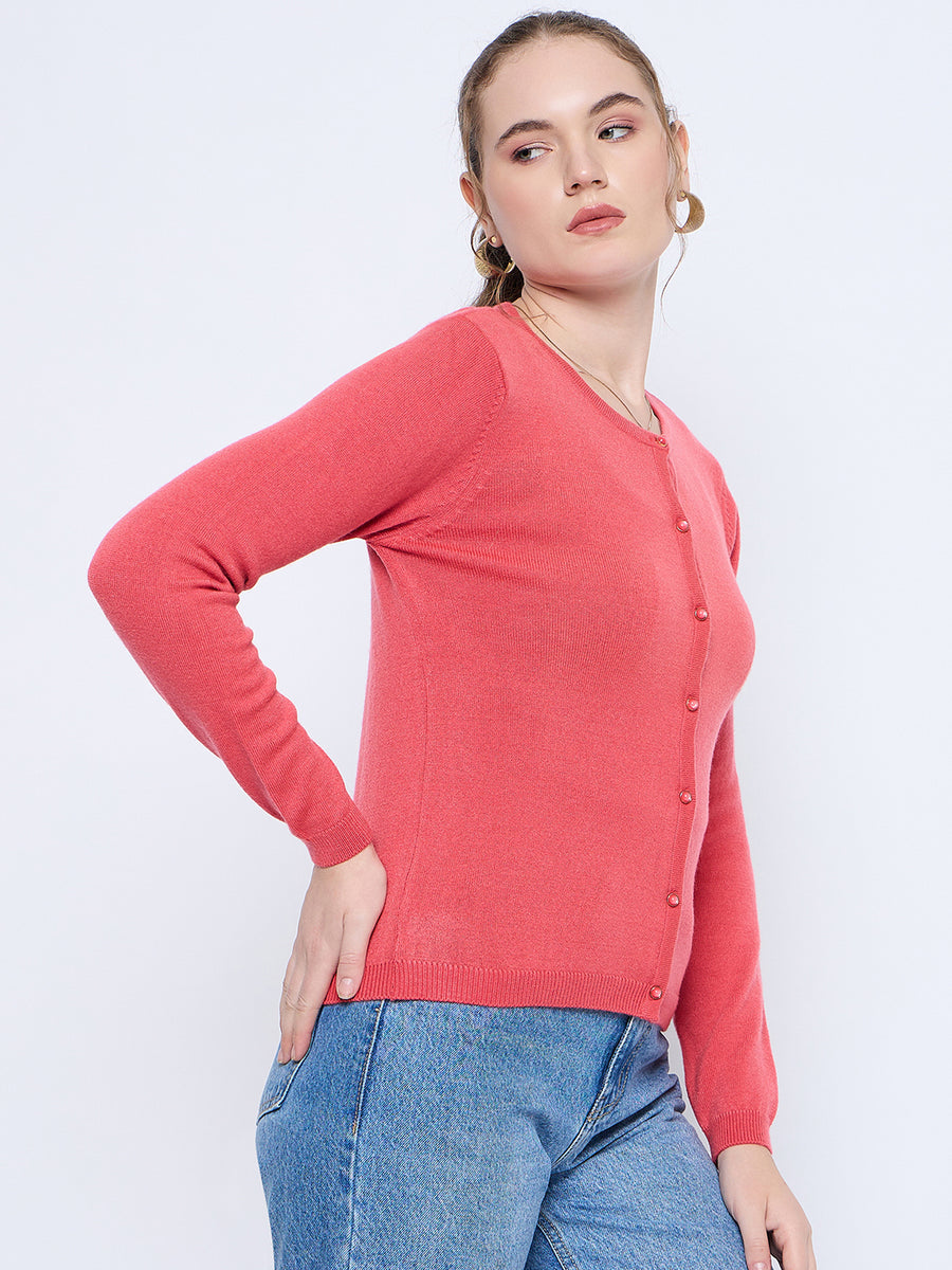 Madame Solid Coral Button Down  Crew Neck Cardigan