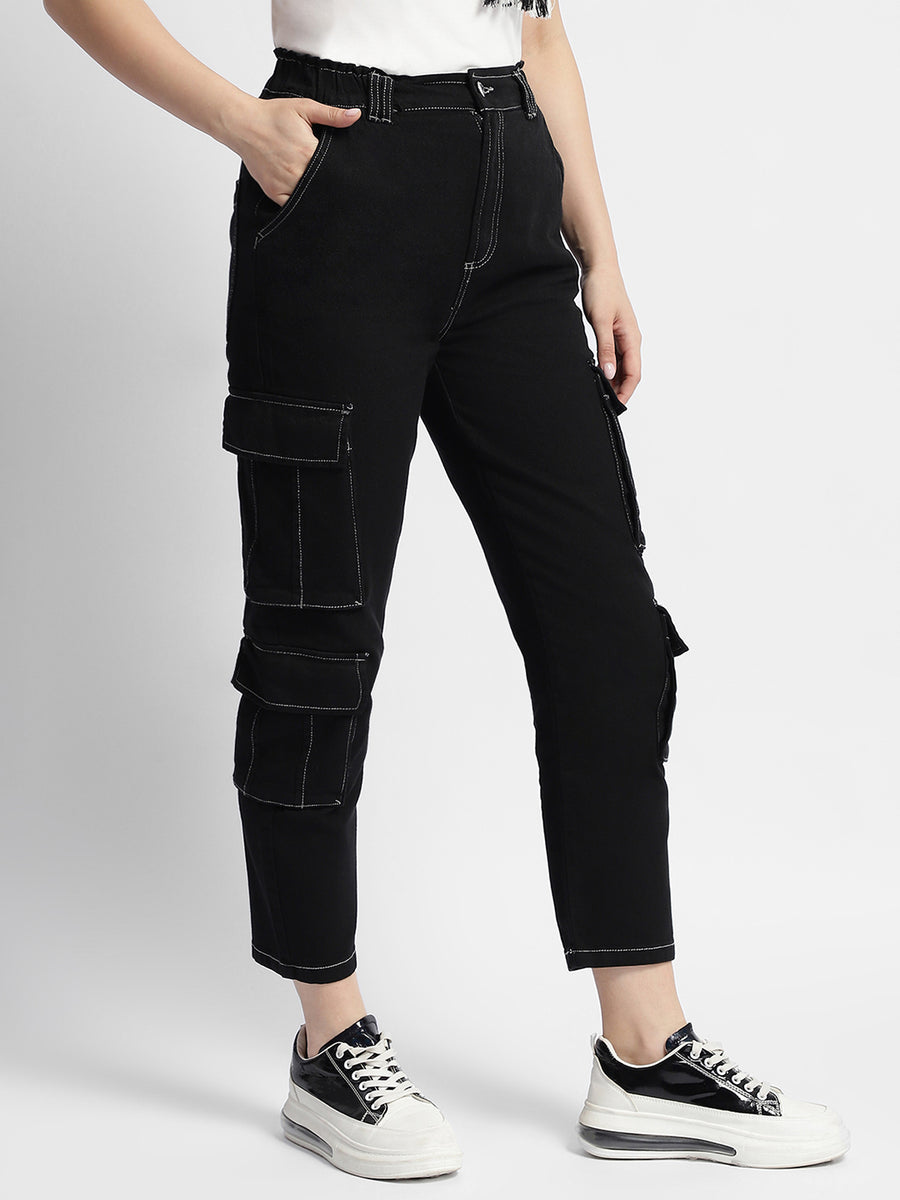 Madame Mid Rise Tapered Fit Black Cargo