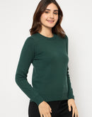 Madame Ribbed Cuffs Round Neck Bottle Green Sweater