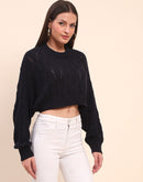 Camla Barcelona Cotton Cable Knit Navy Blue Crop Sweater