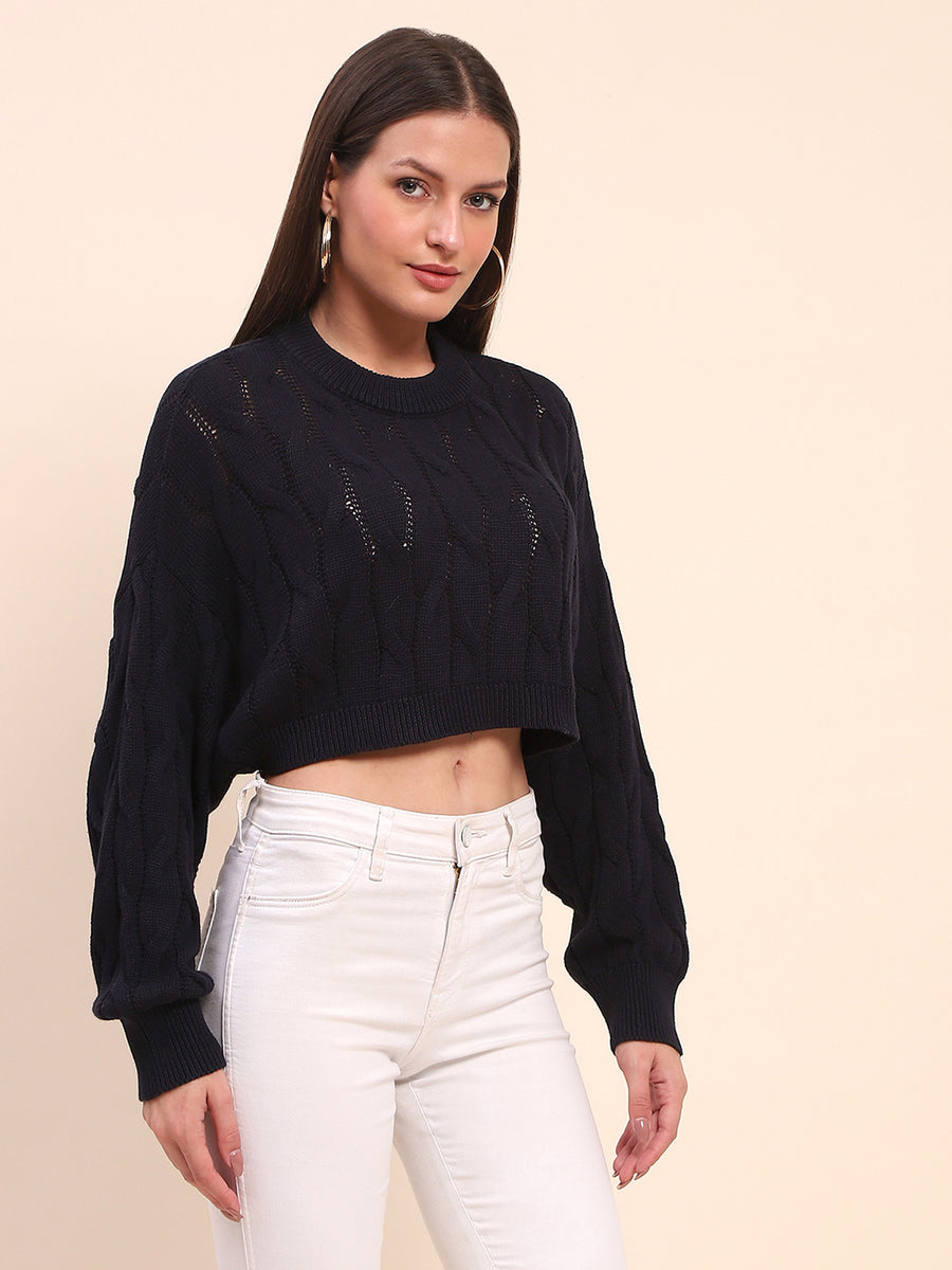 Camla Barcelona Cotton Cable Knit Navy Blue Crop Sweater