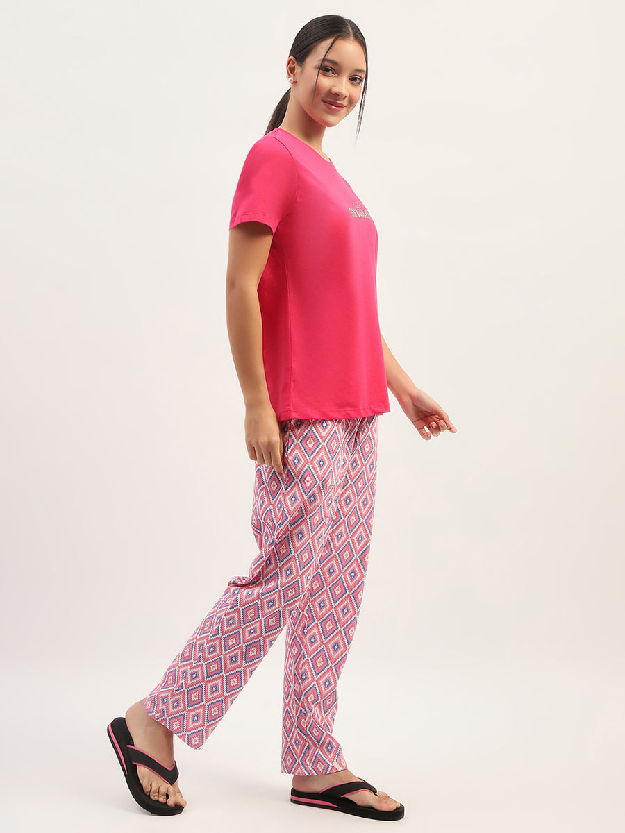 mSECRET Typographic Print Pink Top with Printed Pyjama