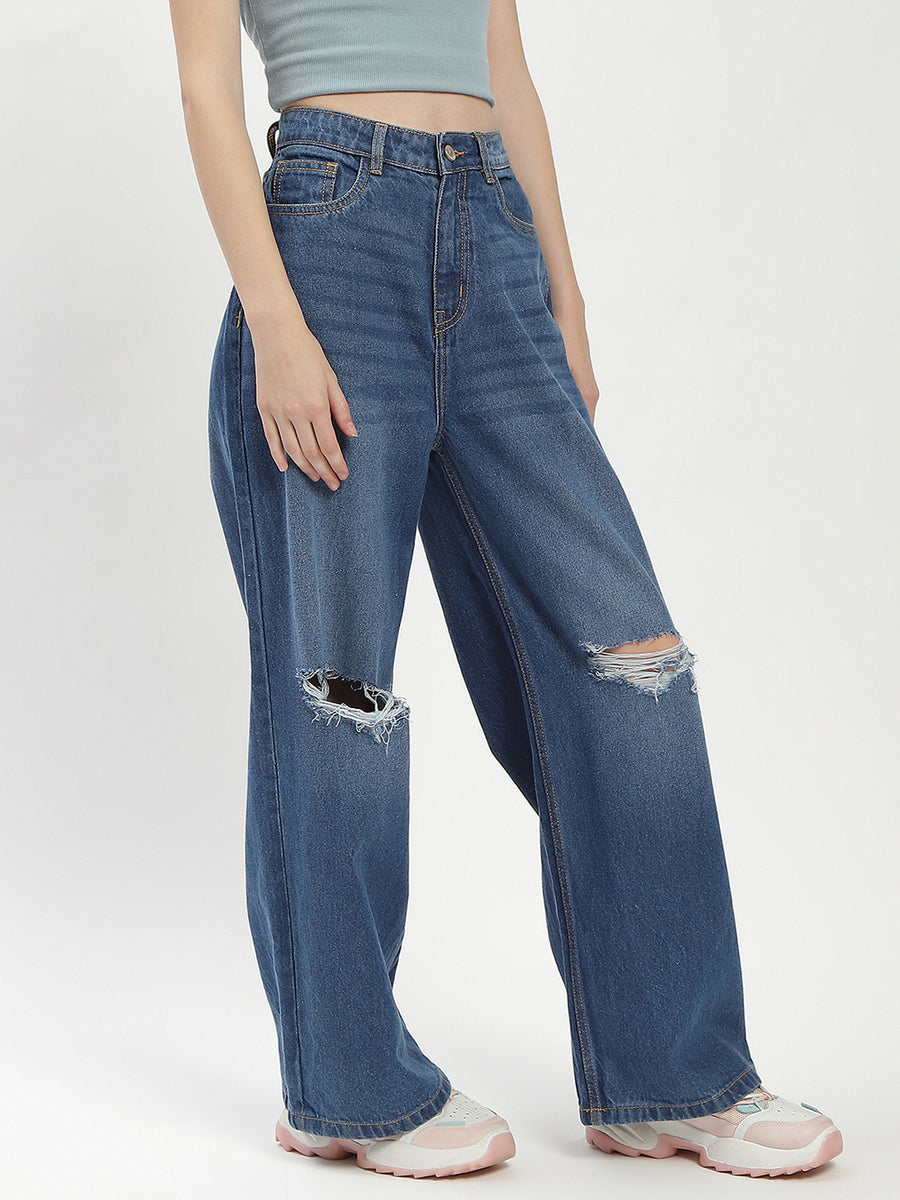 Madame Shanaya Kapoor High-Waisted Flared Ripped Mid Blue Jeans