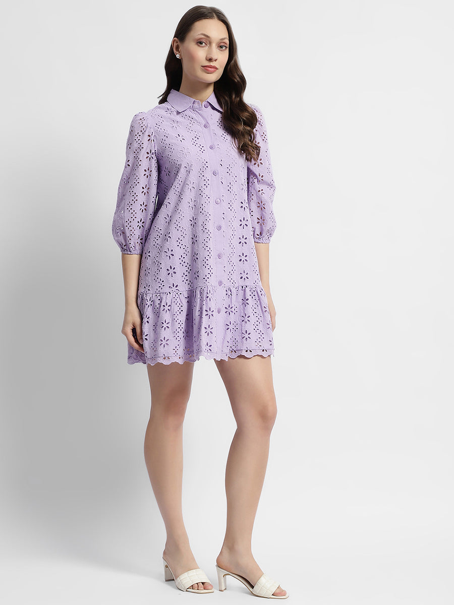 Madame Lilac Flared Hem Schiffli Mini Dress