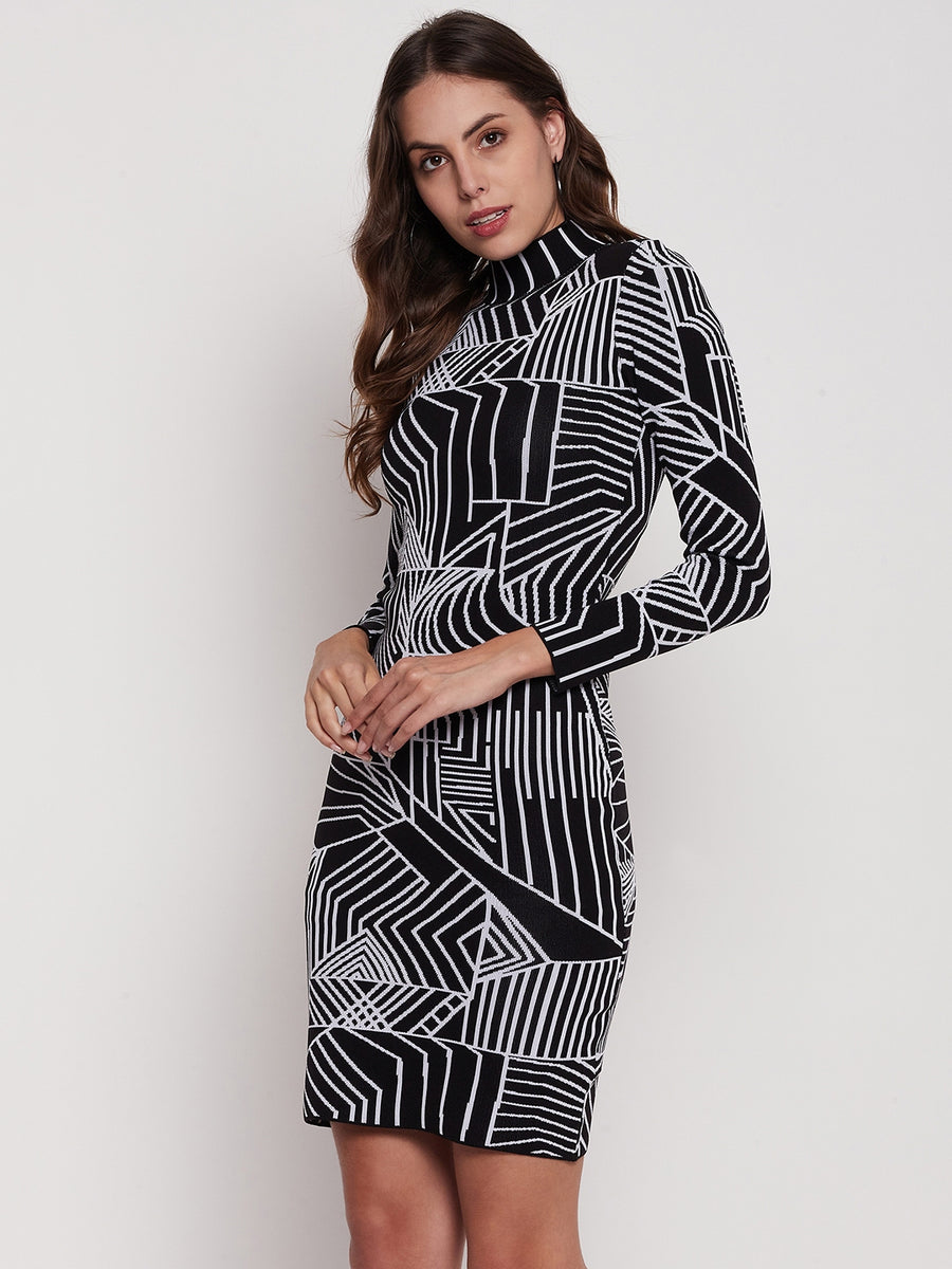 Madame Black Printed Turtleneck Bodycon Dress