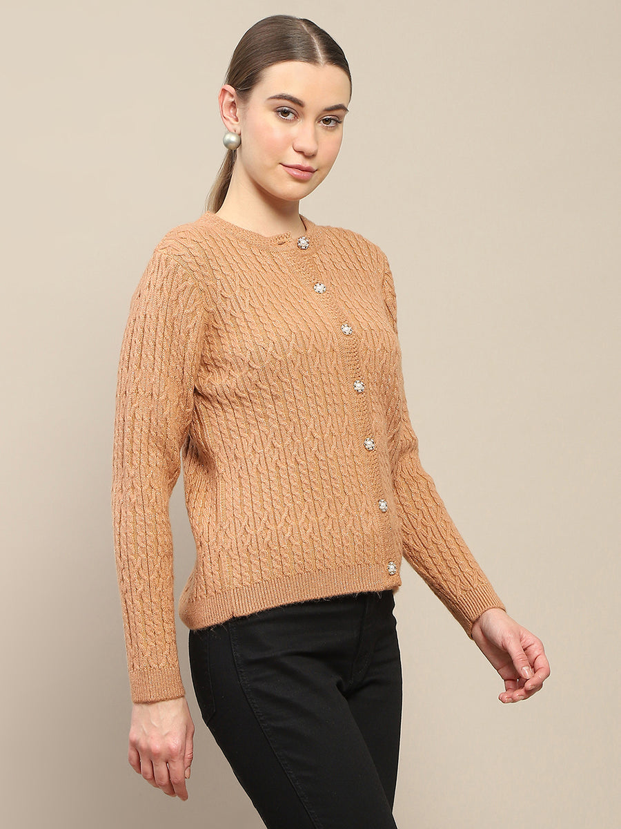 Madame Cable Knit Round Neck Rosewood Cardigan