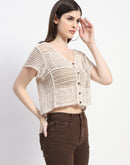 Madame Buttoned Cotton Crochet Sheer Off White Top