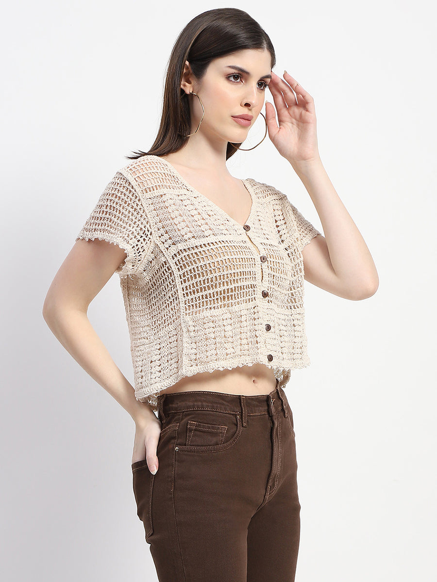 Madame Buttoned Cotton Crochet Sheer Off White Top