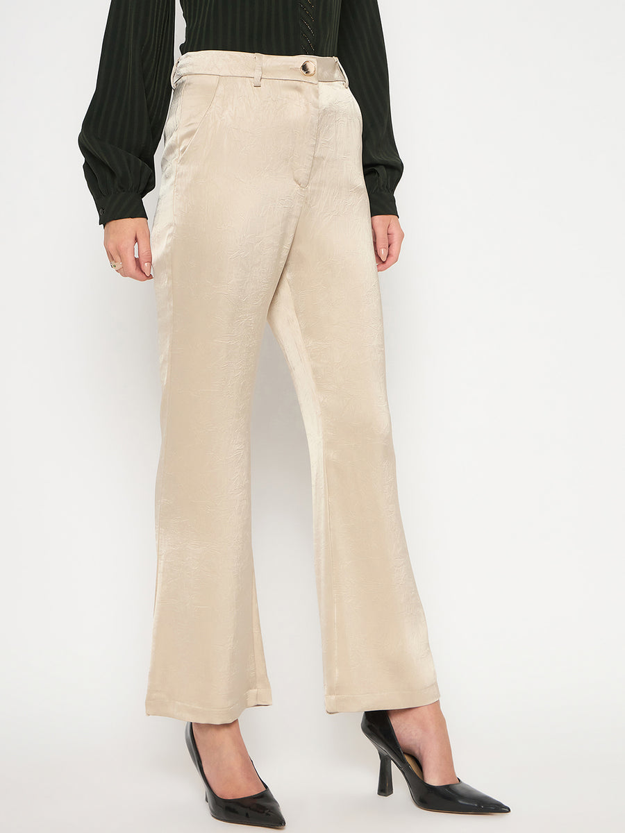 Madame Straight Fit Solid Beige Trousers