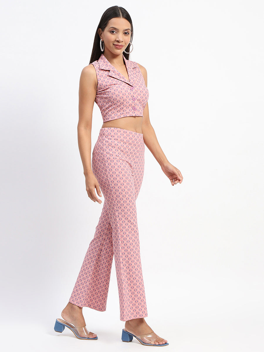 Madame Geometric Print Lapel Notch Peach Co-Ord Set