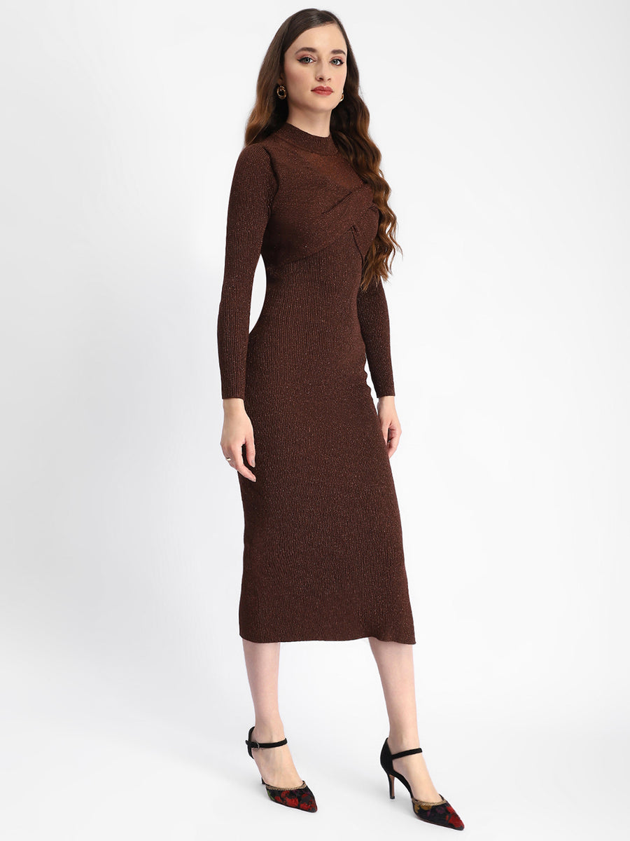 Madame Twisted Detailing Ribbed Bodycon Brown Dress