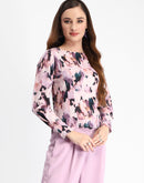 Madame Floral Print Full Sleeve Mauve Rayon Blend Top