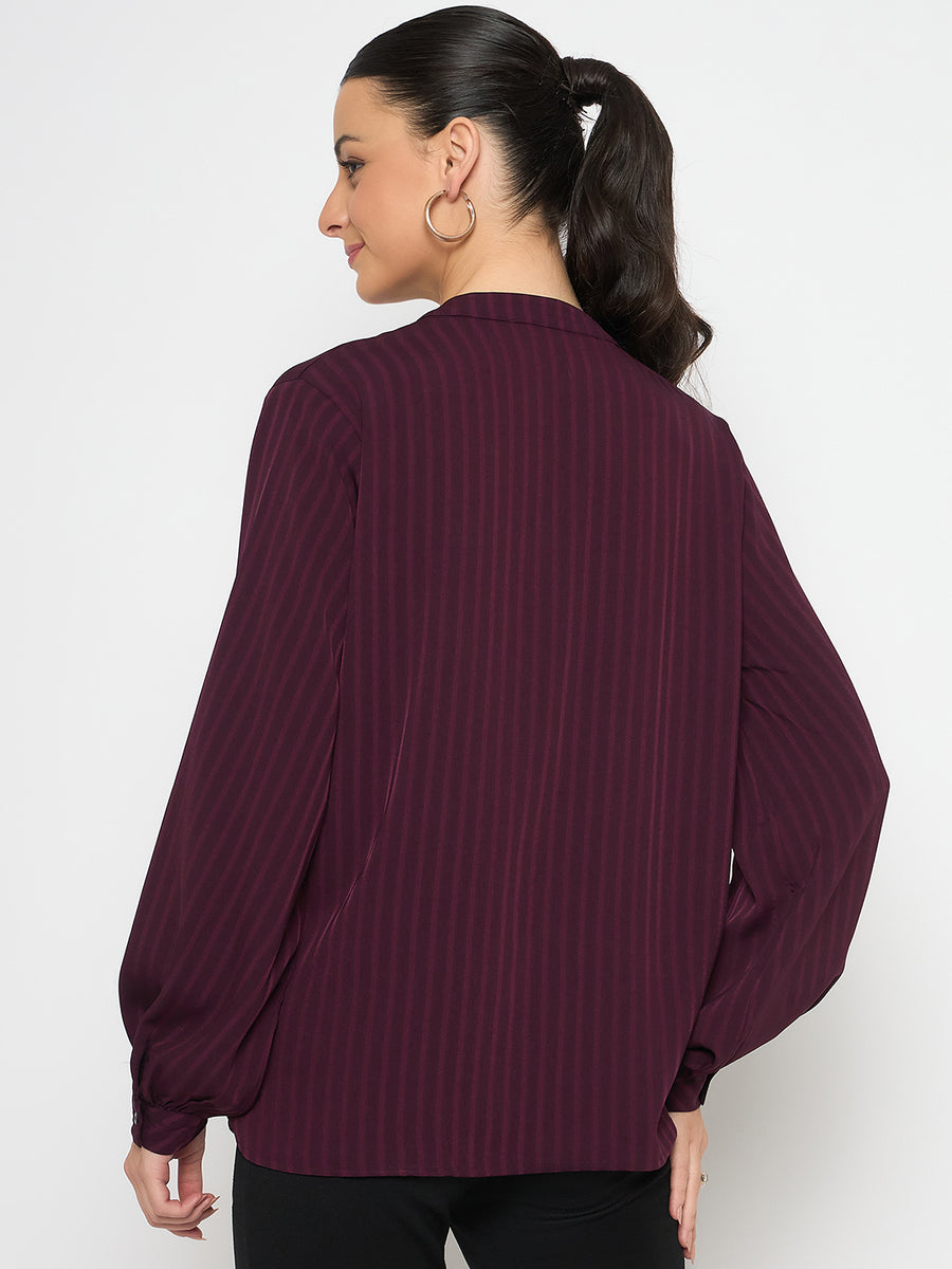 Madame Embellished Striped Cuff Sleeved Plum Top