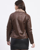 Madame Textured Self Design Brown Suede Jacket