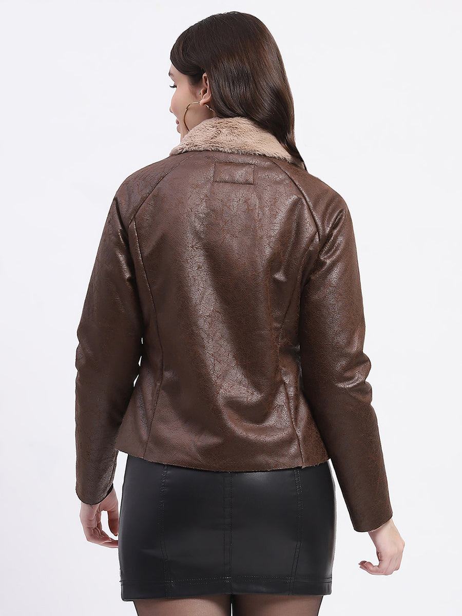 Madame Textured Self Design Brown Suede Jacket