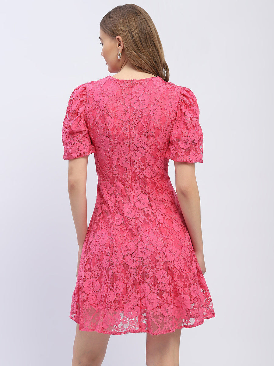 Madame Puff Sleeve Pink Lace A-Line Dress