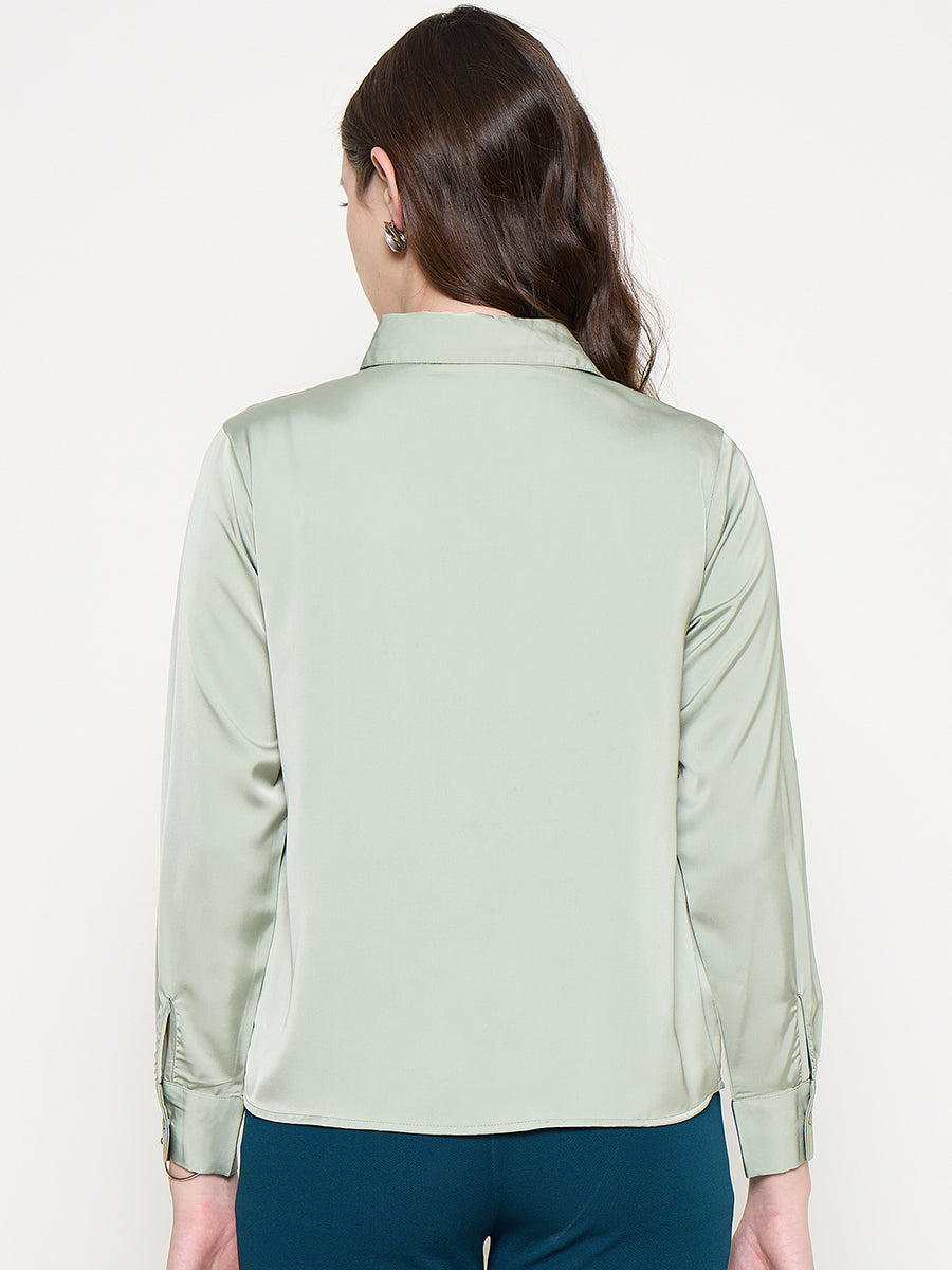 Madame Embellished Shirt Collar Solid Green Shirt