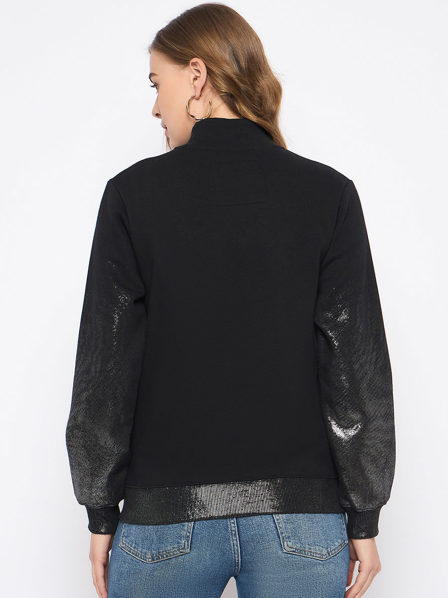 Madame Cotton Blend Quilted Zipped Black Sweatshirt