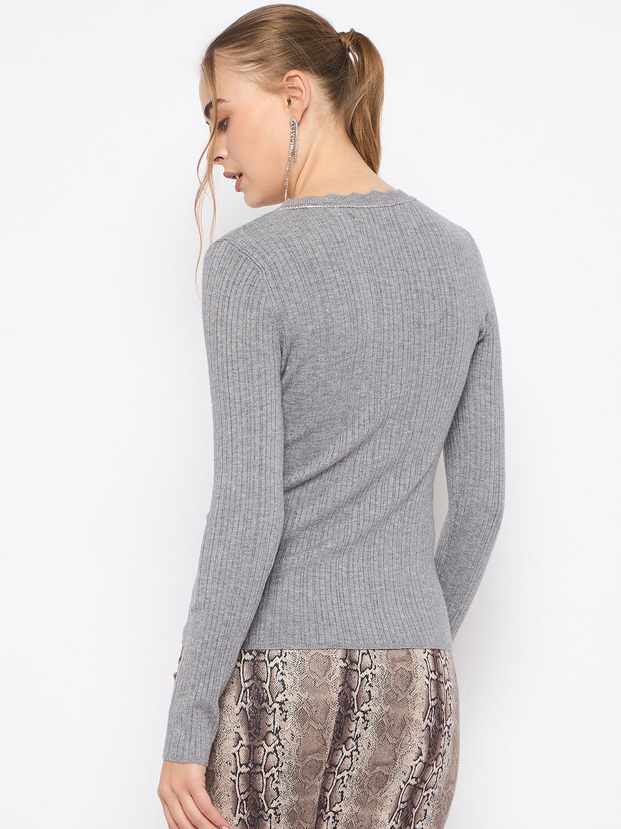 Madame Scalloped Neck Solid Grey Sweater