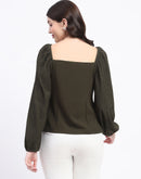 Madame Sweetheart Neck Elasticated Rush Detailed Solid Olive Knit moss Top