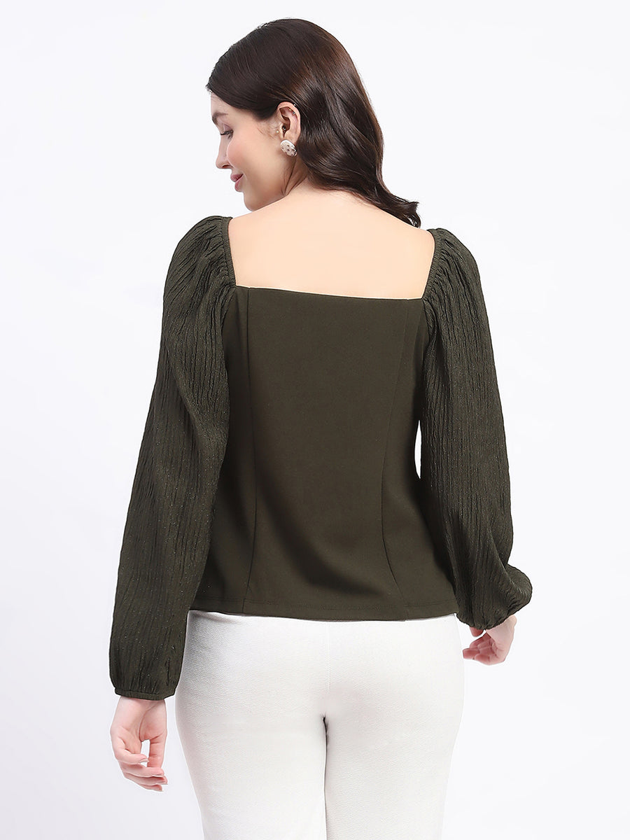 Madame Sweetheart Neck Elasticated Rush Detailed Solid Olive Knit moss Top