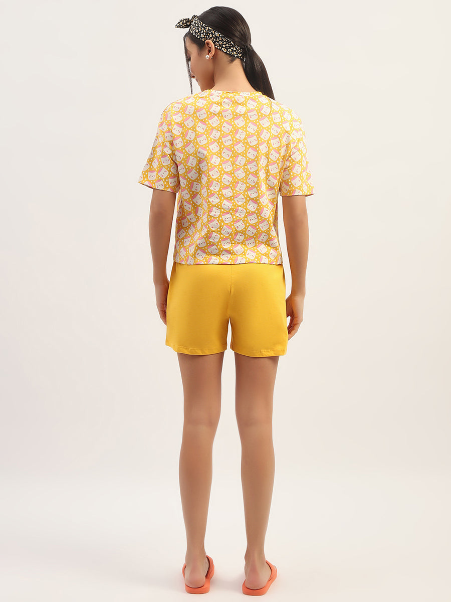 mSECRET Printed Cotton Mustard Top with Shorts