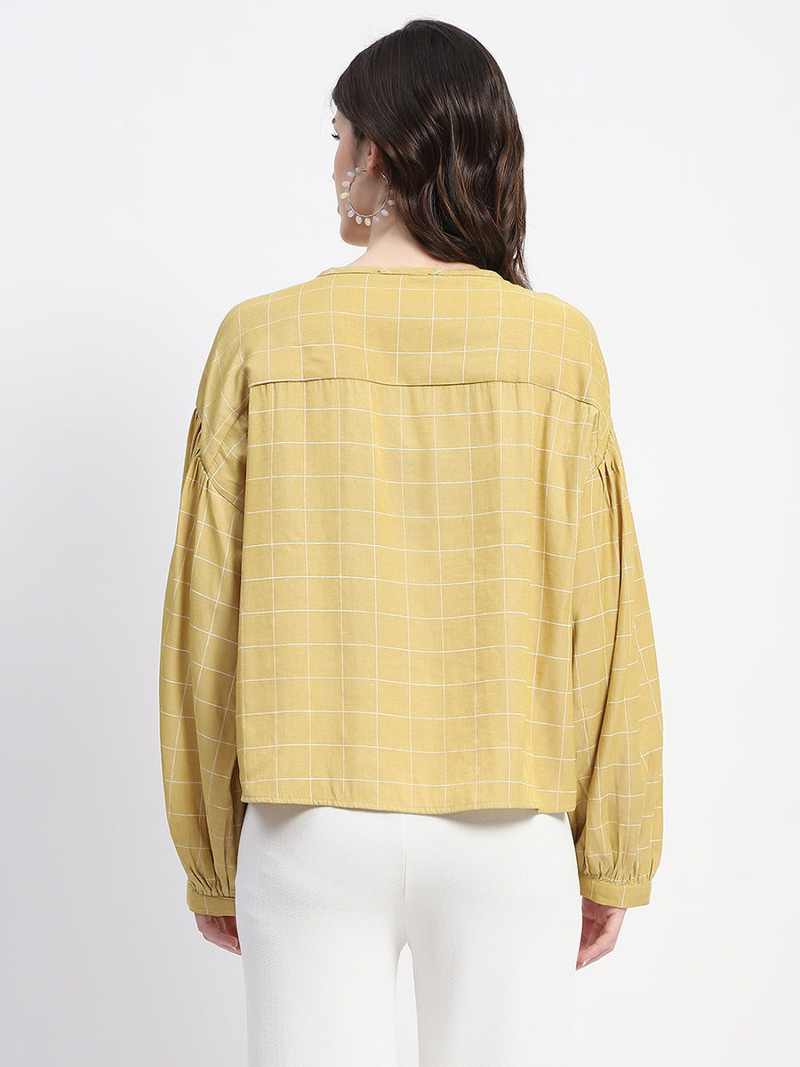 Madame Tie Neck Puff Sleeve Chequered Yellow Top