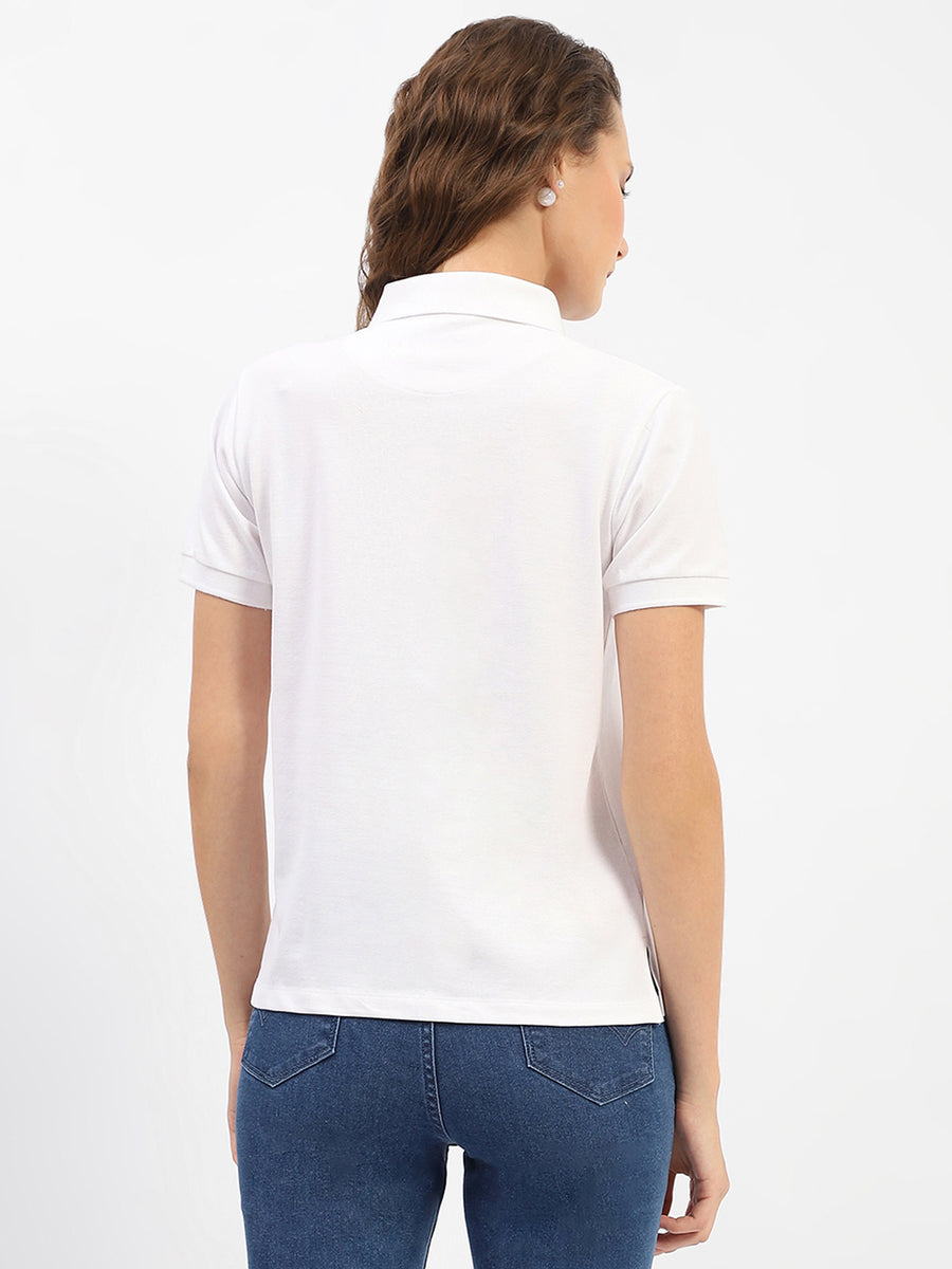 Madame White Polo Neck Solid Cotton T-Shirt