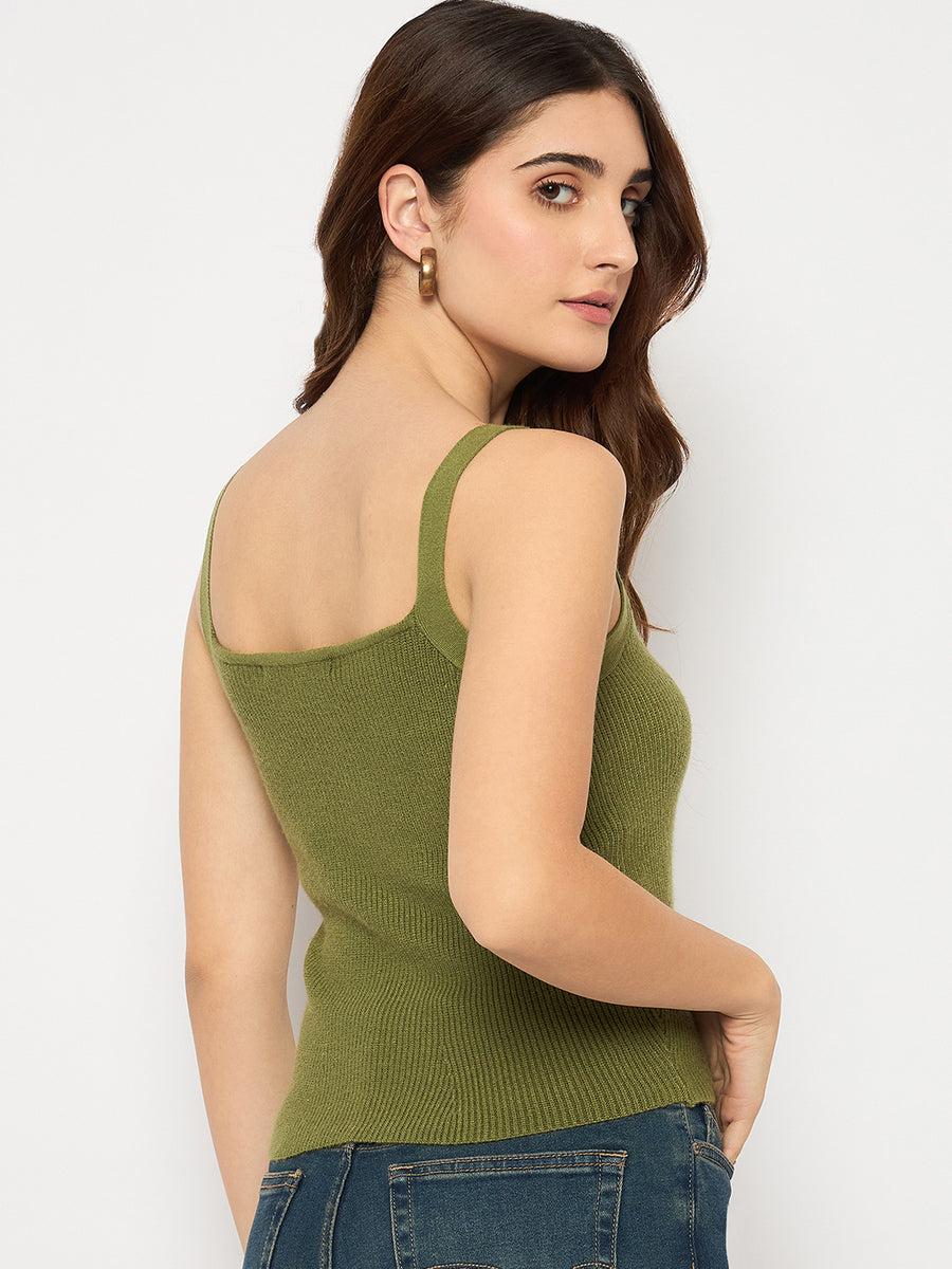 Madame Sleeveless Solid Olive Sweater