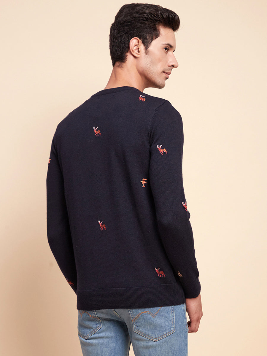 Camla Barcelona Embroidered Crew Neck Navy Sweater