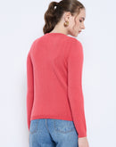 Madame Solid Coral Button Down  Crew Neck Cardigan