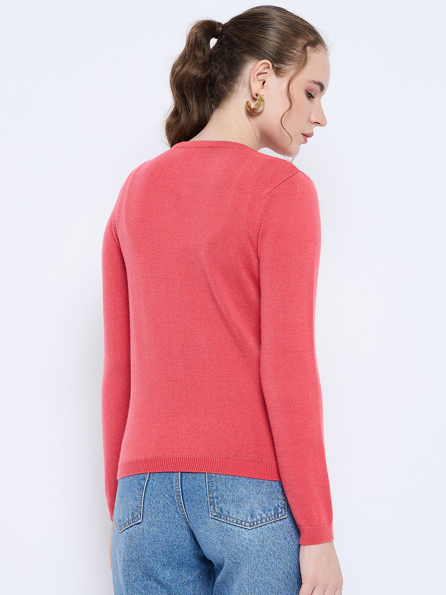 Madame Solid Coral Button Down  Crew Neck Cardigan