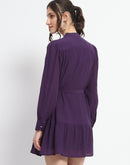 Madame Buckle Detailed Solid Purple Shirt Dress For Women