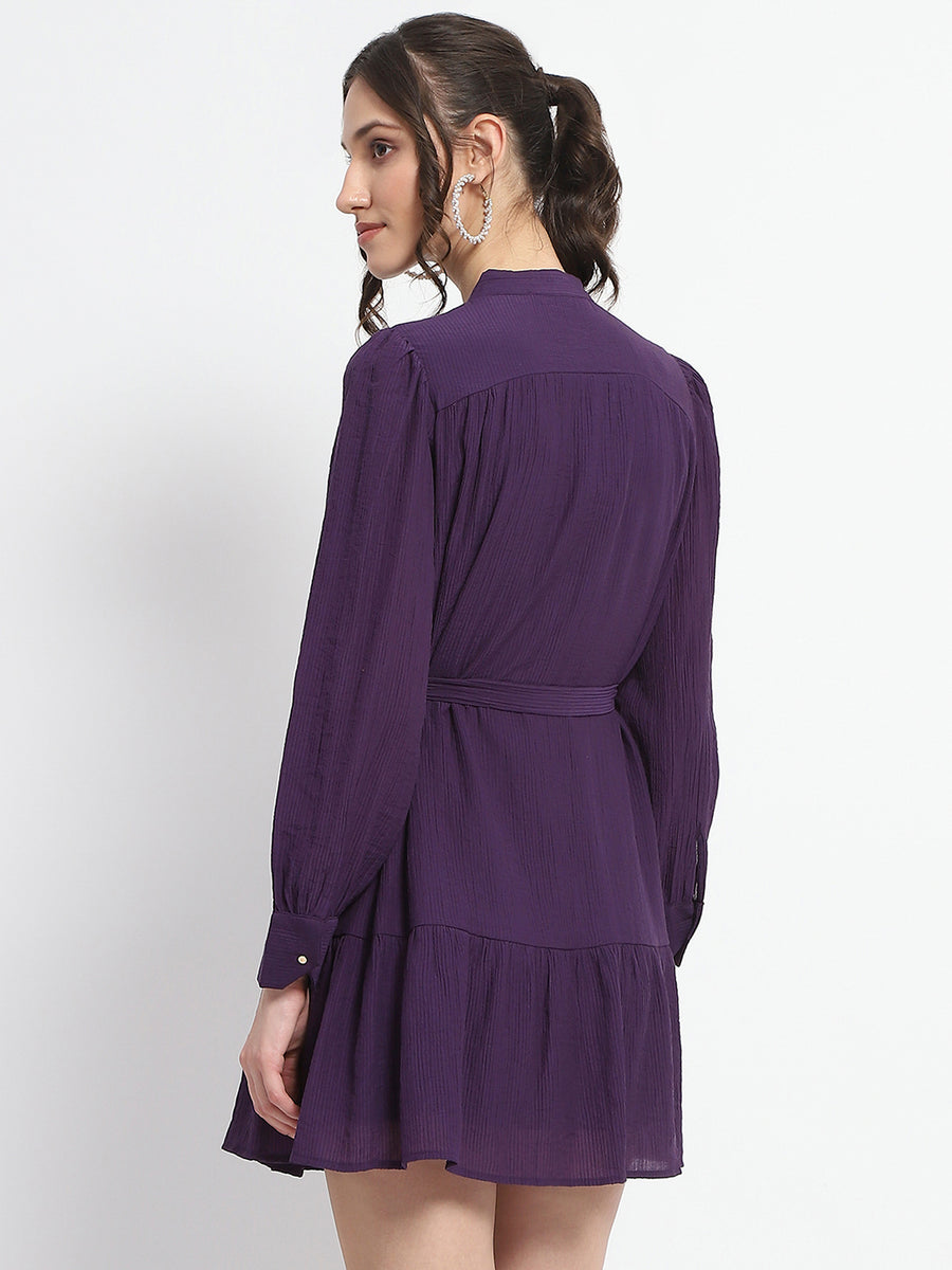 Madame Buckle Detailed Solid Purple Shirt Dress For Women