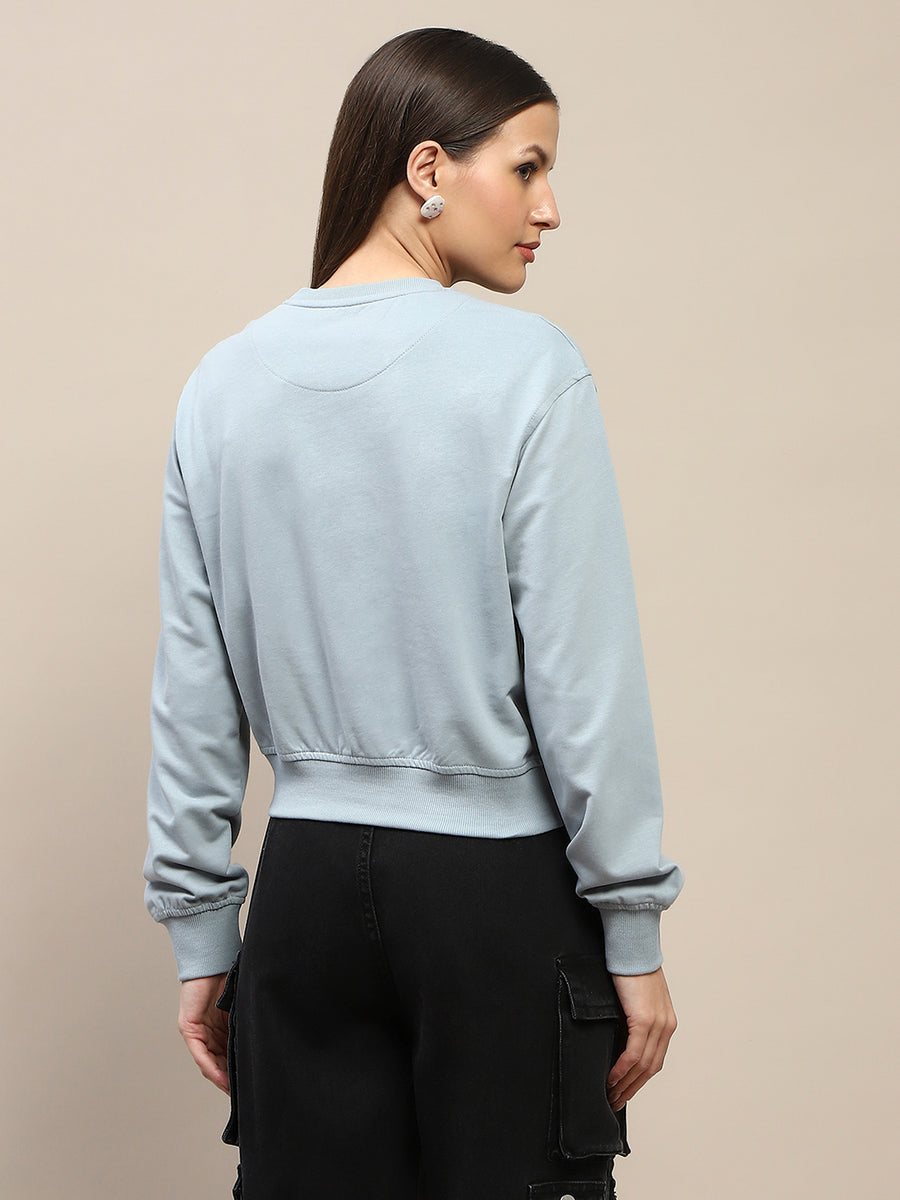 Madame Cotton Embroidery Detailed Light Sky Crop Sweatshirt