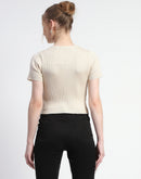 Madame Solid Beige Ribbed Crew Neck Crop Top