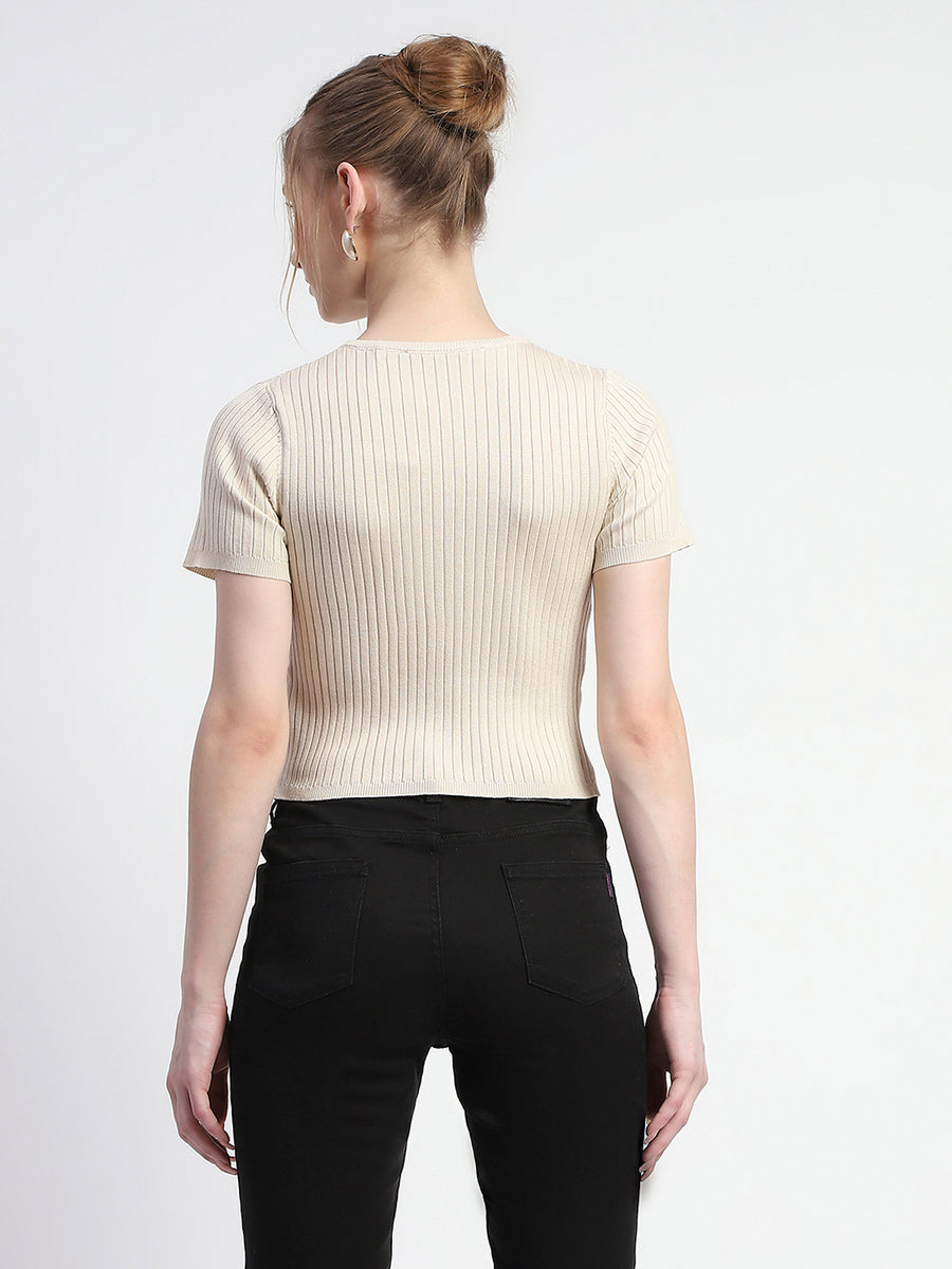 Madame Solid Beige Ribbed Crew Neck Crop Top