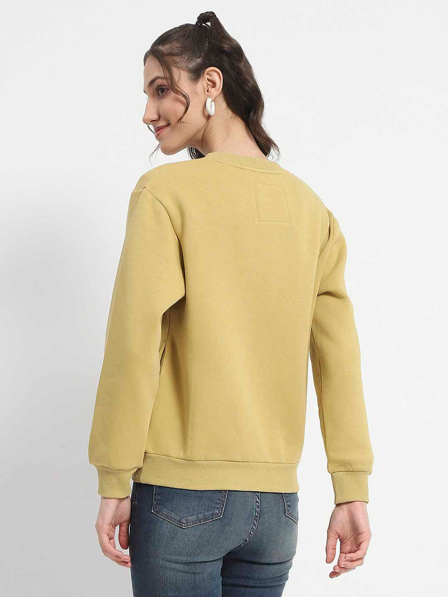 Madame Fleece Handwork And Embroidered Golden Yellow Sweatshirt  For Women