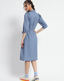 Madame Cotton Blend Belted Waist Blue Midi Shirt Dress