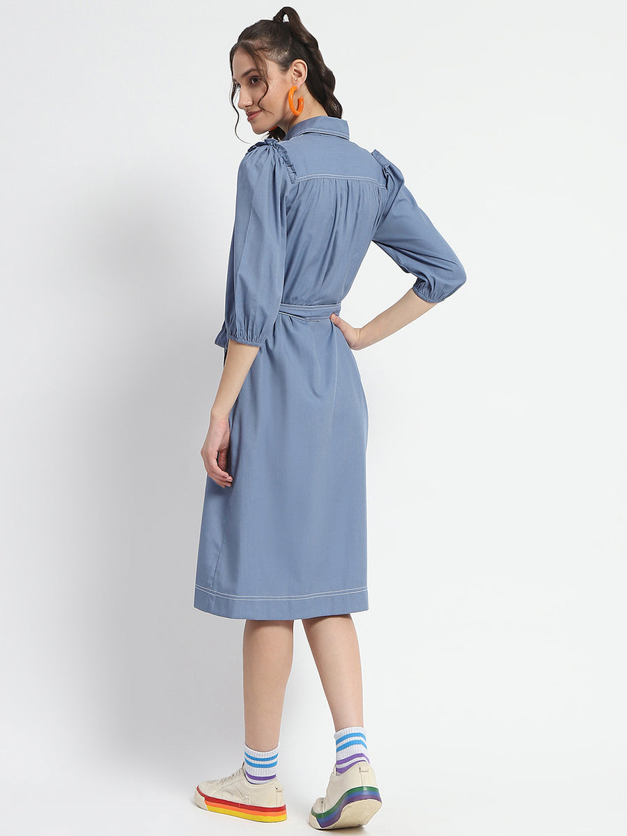 Madame Cotton Blend Belted Waist Blue Midi Shirt Dress