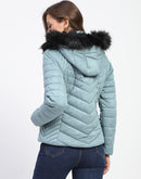 Madame Fur Hooded Sea Green Puffer Jacket