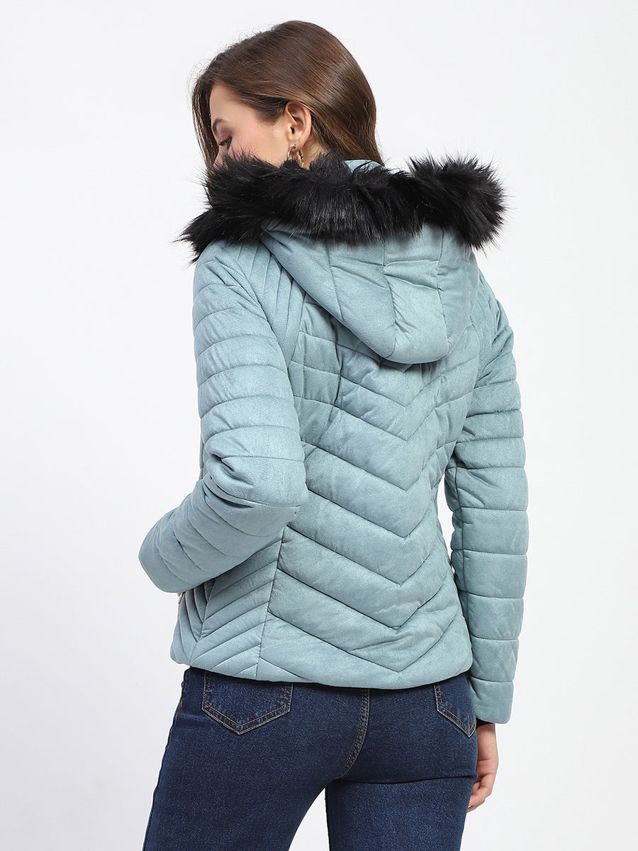 Madame Fur Hooded Sea Green Puffer Jacket