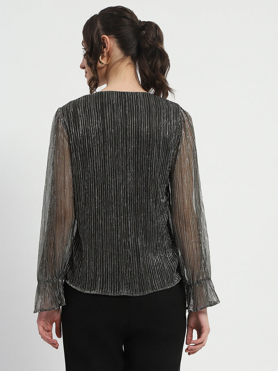 Madame Ruffle Sleeve Black Shimmery Top