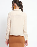 Madame Embellished Button Down Solid Beige Shirt Collar Shirt