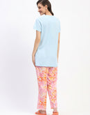 mSECRET Typography Adorned Sky Blue T-shirt with Floral Print Pyjama Nightsuit Set