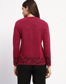 Madame Cable Knit Botanical Print Buttoned Fuschia Cardigan