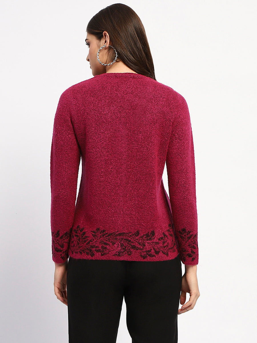 Madame Cable Knit Botanical Print Buttoned Fuschia Cardigan