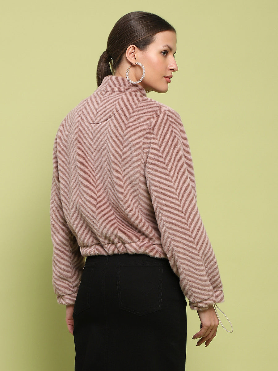 Madame Geometric Psttern Zipped Brown Sweatshirt