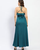 Madame Halter Neck Metal Accented Belt Teal Maxi Dress